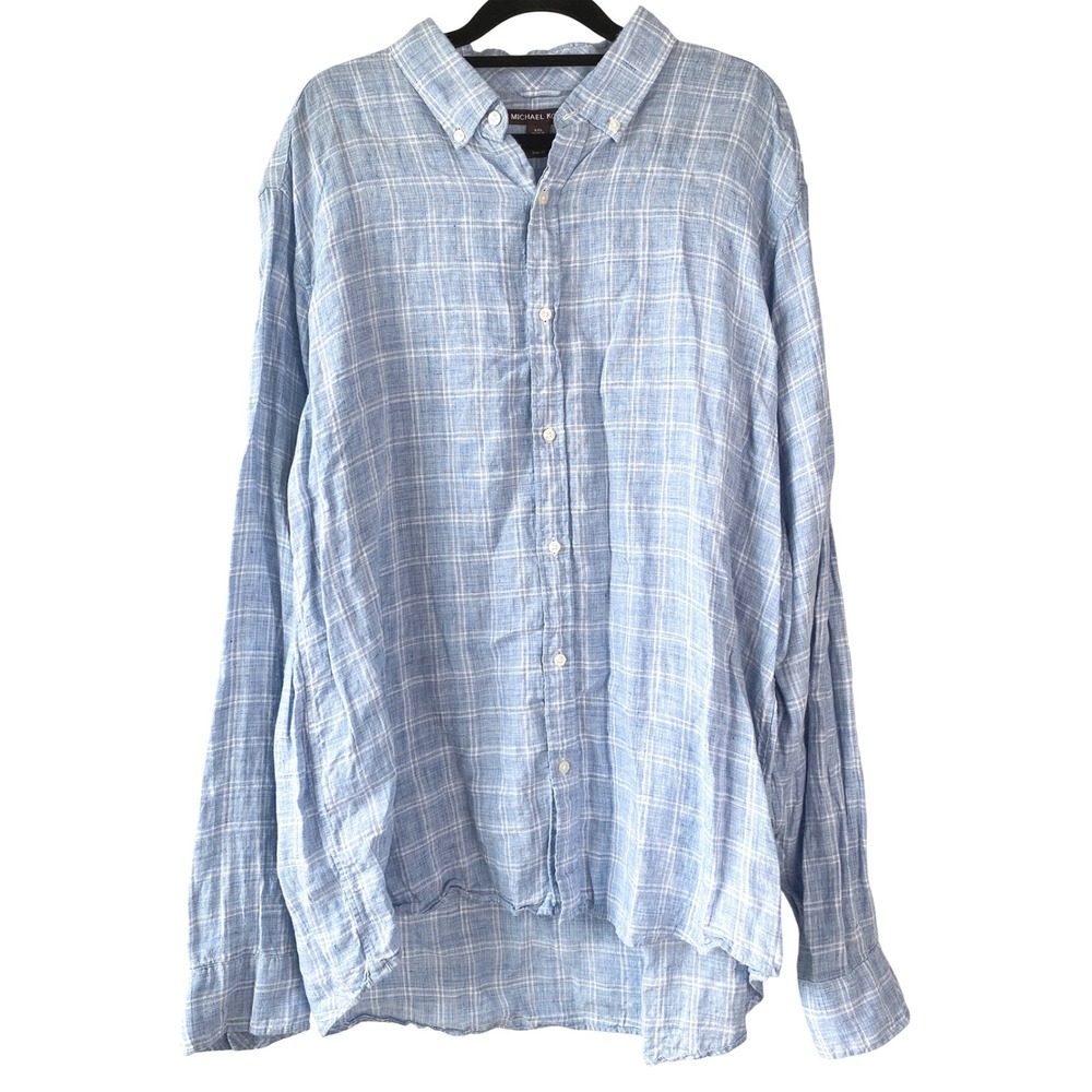 Michael Kors Mens 100% Linen Button Down Shirt XXL Blue Plaid Slim Long Sleeve‎